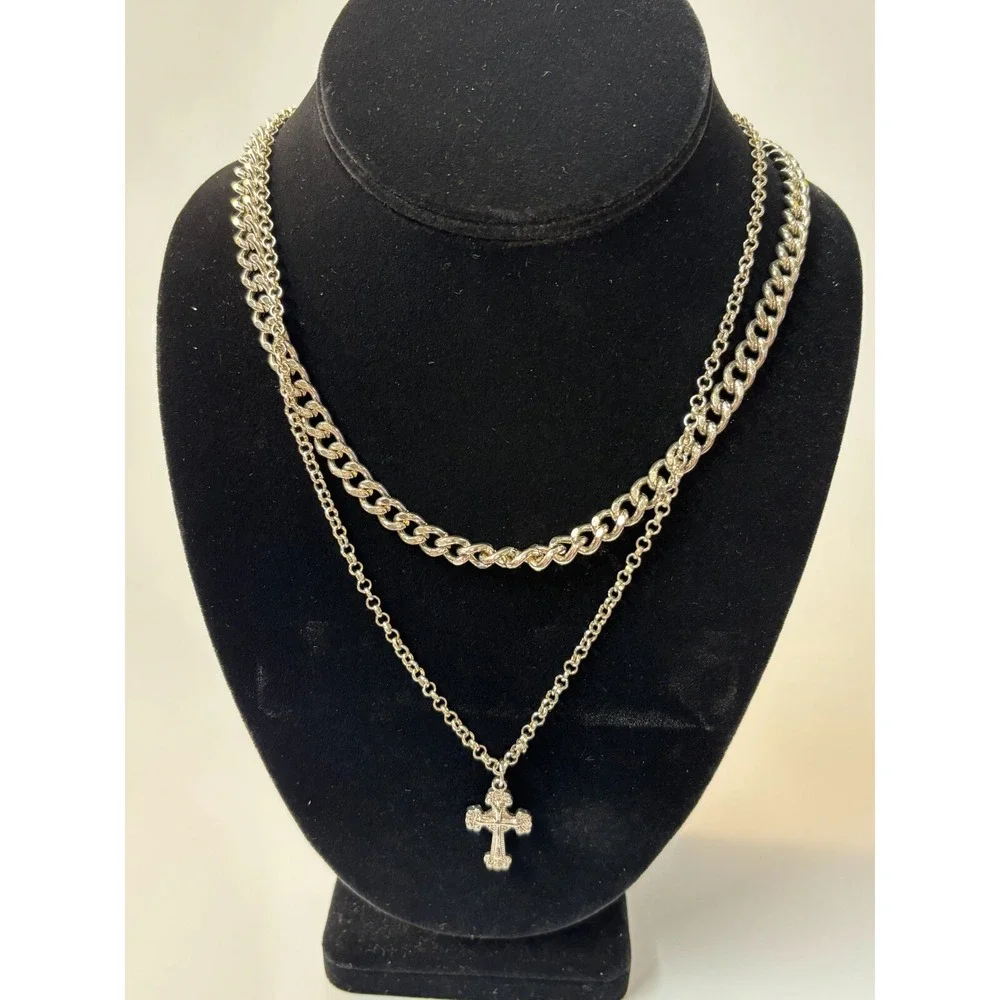 Multi Strand‎ Necklace Chunky 80s Vibes Cross Pendant